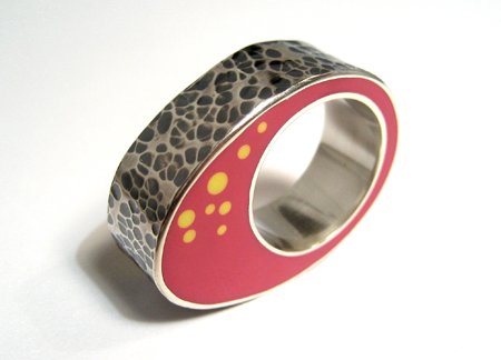 Pink and Yellow Hammered Biomorph Ring