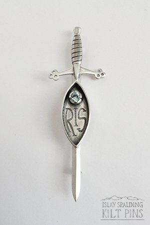 Sword Kilt Pin with Initials and Aquamarine